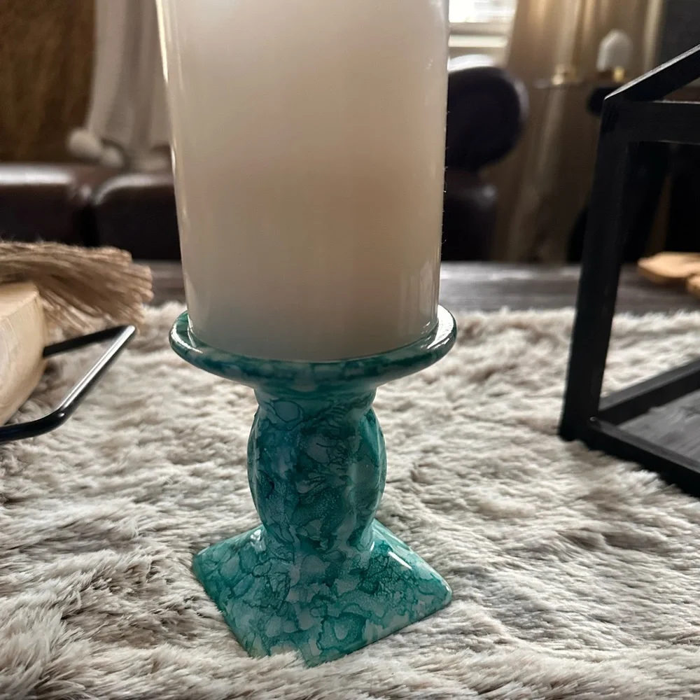 Hand made artisan marble look shades of blue ceramic pillar candle holder
